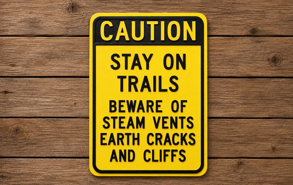 Hawaii Stay On Trails Sign Steam Vents Earth Cracks Cliffs National Park Volcano